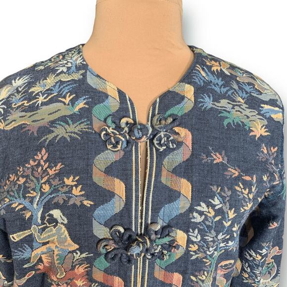 Vintage Doncaster Tapestry Jacket Blue Folk Art Pastoral Scene Blazer Size 10 - Picture 7 of 14
